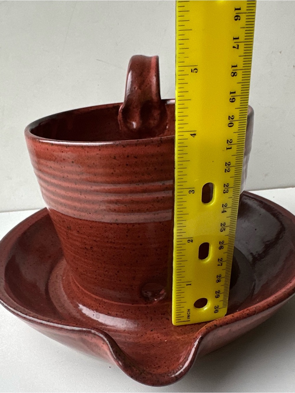 Vintage Red Art Pottery Soup Mug & Saucer Set Handmade Stoneware Chili Bowl